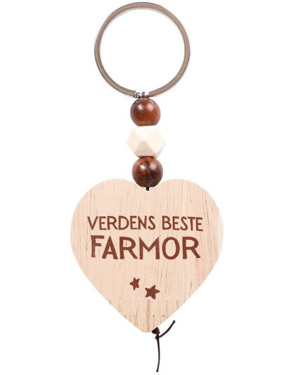 Nøkkelring med Trehjerte og Perler Verdens Beste Farmor