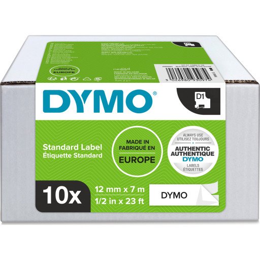 DYMO DYMO D1 tape, 12mm x 7m rull, sort på hvit, selvklebende tape til LabelManager printere, original, 10 ruller