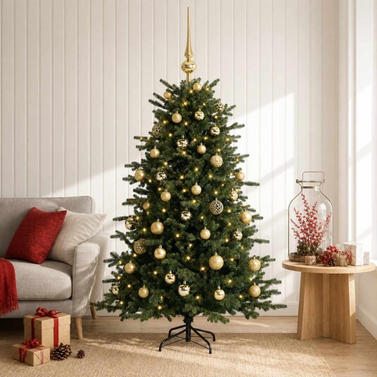 vidaXL Kunstig juletre med julekuler 150 cm 150 LED-lys Varmhvit