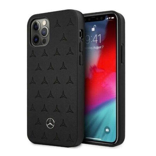 Mercedes Iphone 12 Pro Max Lær Deksel med Stjernemønster Svart