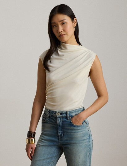 Lauren Ralph Lauren Shirred Stretch Jersey Mockneck Top Cream S