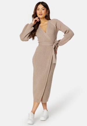 BUBBLEROOM Wrap Rib Knitted Midi Dress Nougat 3XL BUBBLEROOM Wrap Rib Knitted Midi Dress Nougat 3XL