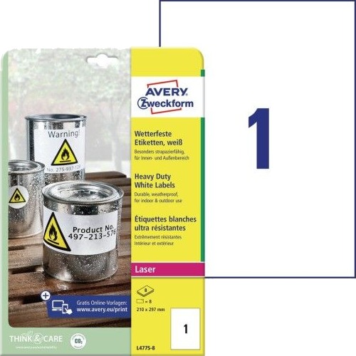 Avery L4775 8 Hvit Selvklebende Skriveretikett A4 Polyester Laser Permanent