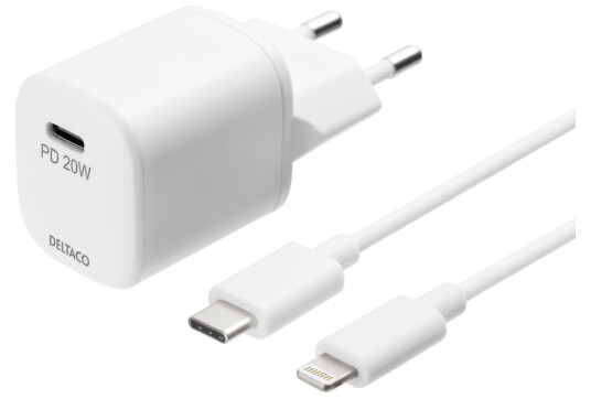 Deltaco 20W USB-C PD Vegglader med 1m Lightning-kabel - Hvit