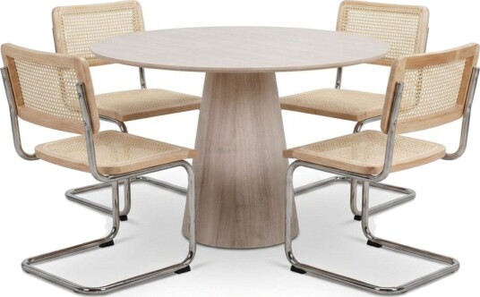 Siena spisegruppe rund 110 cm hvitlasert med 4 Build spisestoler Hvitlasert/natur/krom
