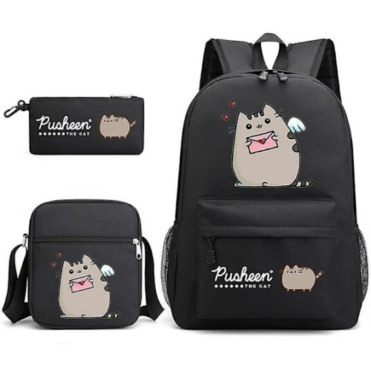 Pusheen Fat Kitty Tredelt Skolesekk Tilfeldig Gutter Og Jenter Student Ryggsekk Trykk Stor Kapasitet Utendørs Ryggsekk Svart