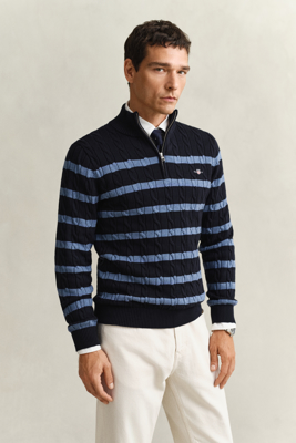 Gant Stripete bomullskabelstrikket genser med halv glidelås EVENING BLUE M Gant Stripete bomullskabelstrikket genser med halv glidelås EVENING BLUE M