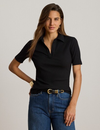 Lauren Ralph Lauren Rib Knit Elbow Sleeve Polo Tee Black XS