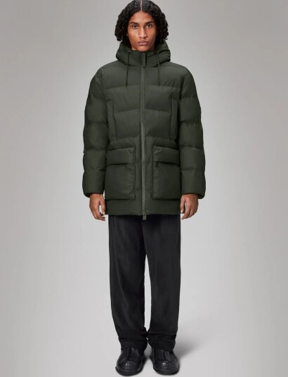 Rains Alta Long Puffer Cargo Jacket W3T4 Green XS