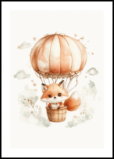 Watercolor Baby Fox on a Balloon Plakat Plakat / 30x40cm
