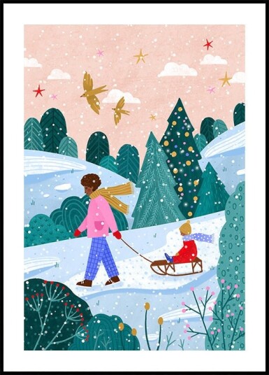 Snowy Sledge Walk Poster Plakat / 21x30cm