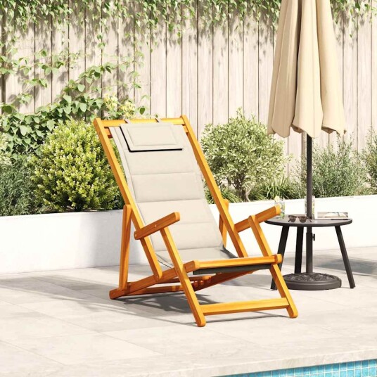 Sammenleggbar strandstol med armlener krem akasietre tekstil Sammenleggbar strandstol med armlener krem akasietre tekstil