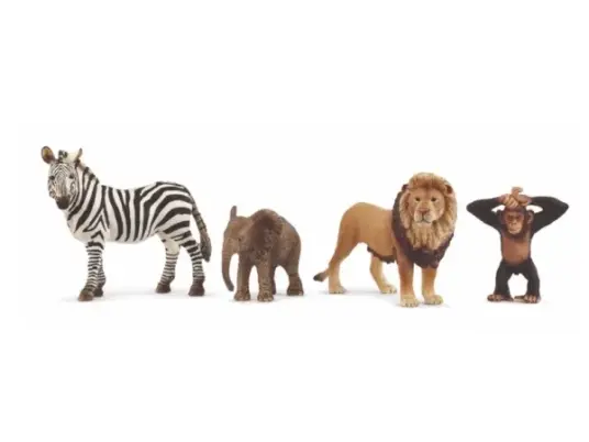 Schleich Wild Life Afrika Dyresett med Elefantunge, Sebra, Løve og Sjimpanse