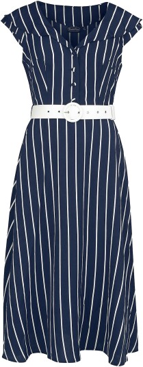 Voodoo Vixen Rockabilly Middellang kjole Striped vid krage midi flare kjole XS til 4XL Damer blå-hvit
