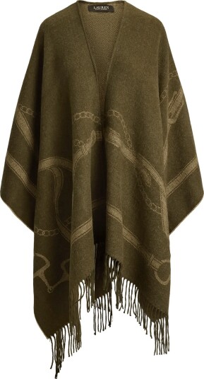 Lauren Ralph Lauren Belting Motif Jacquard Fringe Trim Ruana DK OLIVE/CAMEL One Size