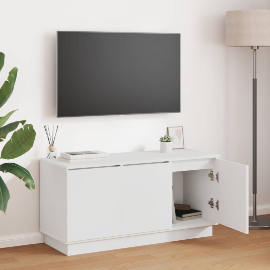 TV skap med LED Hvit 100 x 38 x 49 cm Konstruert tre TV skap med LED Hvit 100 x 38 x 49 cm Konstruert tre