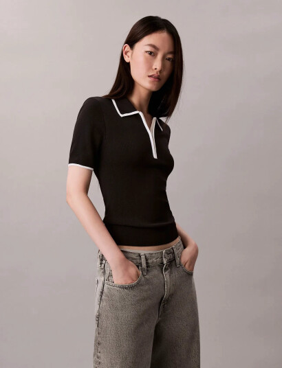 Calvin Klein Jeans Short Sleeve Polo With Color Blo - Black - XXS
