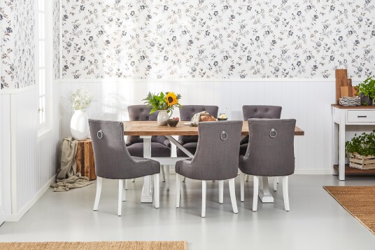Bloomington Forlengningsbar Spisegruppe Yorkshire 200cm m 6 Ophelia Stol Natur|Hvit|Grå Bloomington Forlengningsbar Spisegruppe Yorkshire 200cm m 6 Ophelia Stol Natur|Hvit|Grå