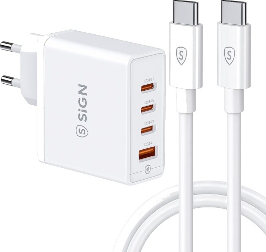 SiGN 140W hurtiglader med 240W USB-C-kabel – 3x USB-C og 1x USB-A – hvit