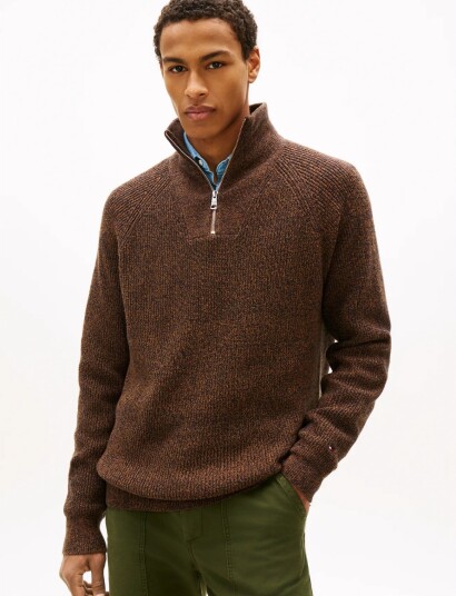Tommy Hilfiger Fisherman Rib Zip Mock   Brown   S