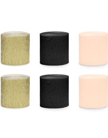 6 stk Gull Svart og Rosa Fargede Krepp Streamers til Dekor