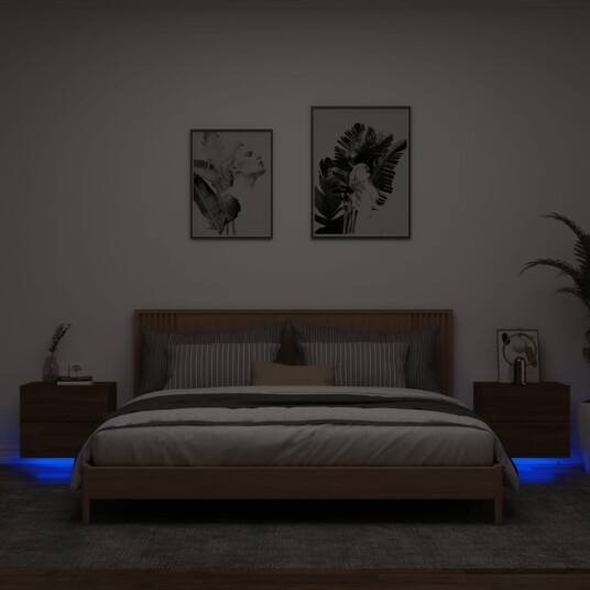 Vegghengte nattbord med LED-lys 2 stk brun eik 8721012254091