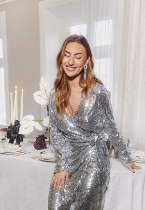 VILA Juliana Wrap Midi Sequins Dress Silver Colour S VILA Juliana Wrap Midi Sequins Dress Silver Colour S