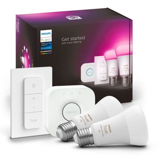 Philips Hue Startpakke: 2x White & Color E27 + Dimmer + Bridge Philips Hue Startpakke: 2x White & Color E27 + Dimmer + Bridge