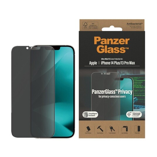 PanzerGlass Privacy Skjermbeskytter til iPhone 14 Plus / 13 Pro Max med AntiBakteriell Teknologi og EasyAligner