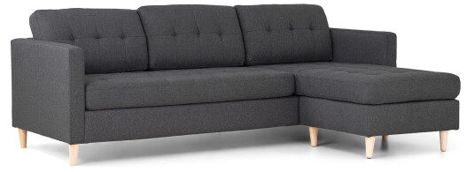 Marino sofa, sjeselongsofa høyre eller venstrevent i stoff mørk grå og med treben.