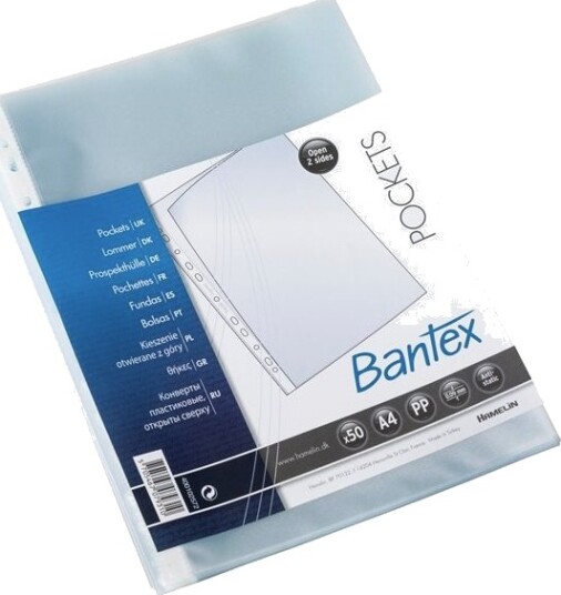 Lomme Bantex Med Åbning I Top Og Langs Hulkant 0,09 Mm Transparent 50 Stk. Lomme Bantex Med Åbning I Top Og Langs Hulkant 0,09 Mm Transparent 50 Stk.