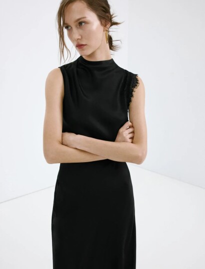 Mango Satin Dress With Lace Details Black XS Mango Satin Dress With Lace Details Black XS