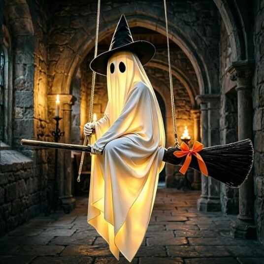 Halloween Hengende Lysende Spøkelse med Heksekost 134 cm Hvit