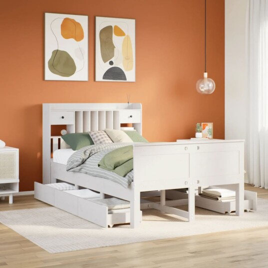  Seng med bokhylle uten madrass hvit 135x190 cm heltre furu 8721158383761