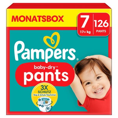 Pampers Baby-Dry Pants, størrelse 7 Extra Large, 17 kg+, månedsboks (1 x 126 bleier)