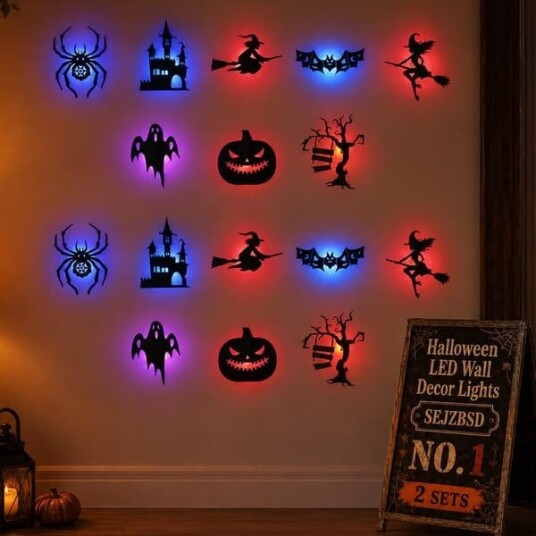 Halloween 3D LED-Veggklistremerker med Flaggermus, Spøkelser, Hekser og Gresskar 16 stk
