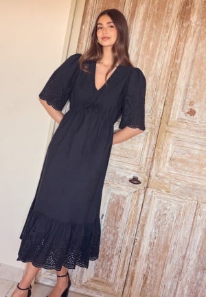 BUBBLEROOM Midi Broderie Anglaise Dress Black L