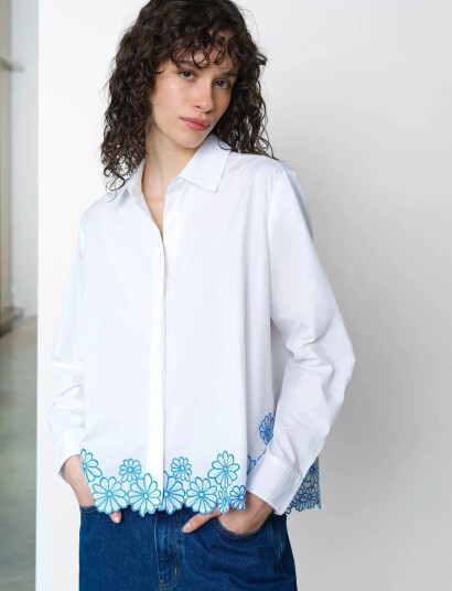 French Connection Cambria Cotton Floral Hem Shir   White   XL