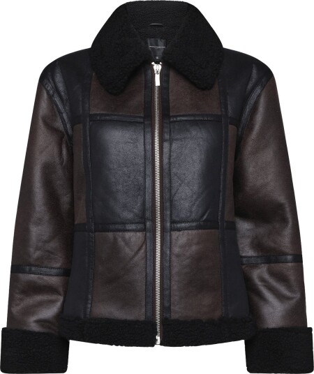 French Connection Camry Suede Patchwork Faux Shearling Jacket   Brown   S