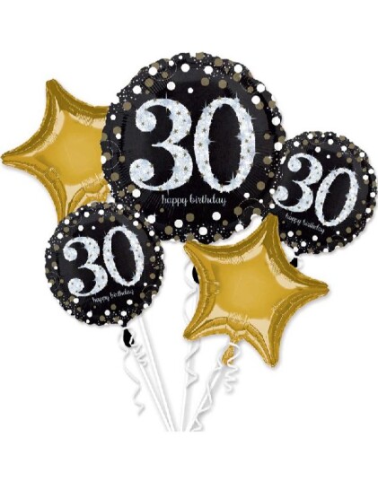 Happy 30th Birthday Svart og Gullfarget Ballongbukett med 5 Folieballonger