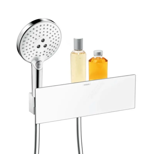 Hansgrohe Fixfit Porter Square Slangeut. Med integrert hylle, Hvit Glass/Krom Hansgrohe Fixfit Porter Square Slangeut. Med integrert hylle, Hvit Glass/Krom