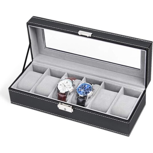 Klokkeorganisator multifunksjonell smykkeoppbevaringsboks med justerbare klokkeputer premium skinnetui med gjennomsiktig glasslokk for herreklokker
