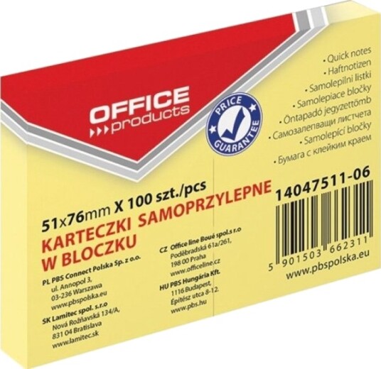 Office Products Selvklebende Notatblokk 51X76 Mm 1X100 Ark Pastell Lys Gul