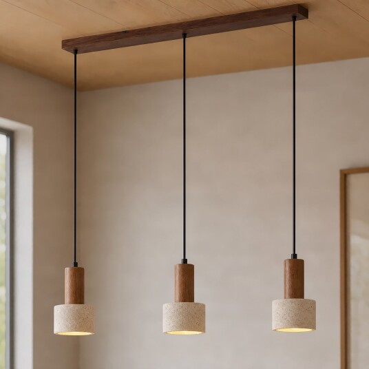 Carlotta hengelampe, 3 lyskilder, beige/valnøtt, 80 cm, betong – Lucande - Stue - Moderne - Med flere lyskilder