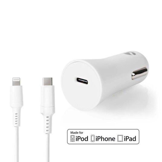 Nedis 20W USB-C Billader med Lightning Kabel 1m - Hurtiglader til Bil, Svart