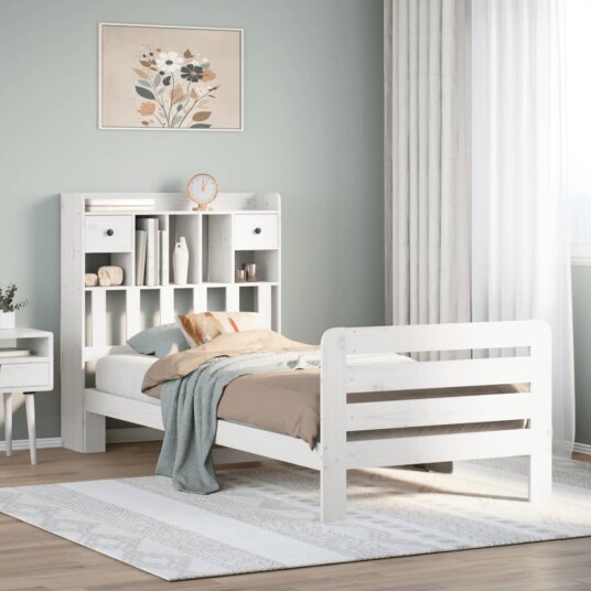 Seng med bokhylle uten madrass hvit 90x200 cm heltre furu