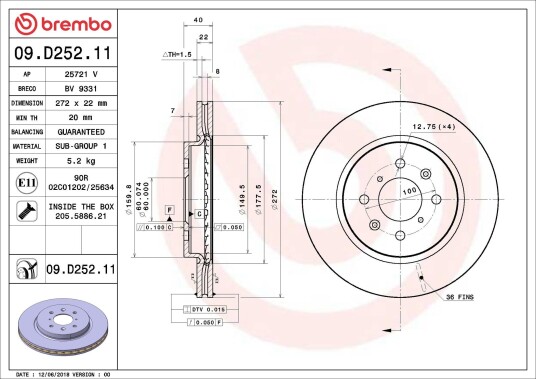 Bremseskive BREMBO 09.D252.21 Bremseskive BREMBO 09.D252.21