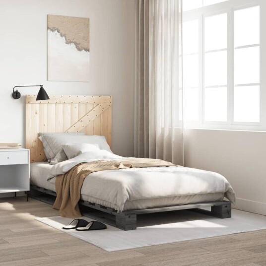 Sengeramme med hodegavl grå 100x200 cm heltre furu 3281563 Sengeramme med hodegavl grå 100x200 cm heltre furu 3281563