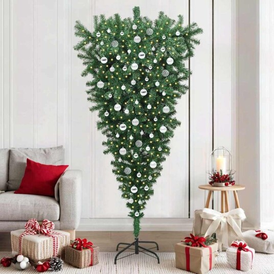  Opp ned Kunstig Forbelyst Juletre med Kule Sett grønn 210 cm