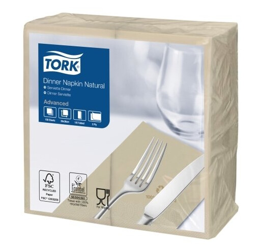 Servietter Tork 2-Lags 1/8 Fold Natur 39 Cm 150 Stk. X 12 Pakker